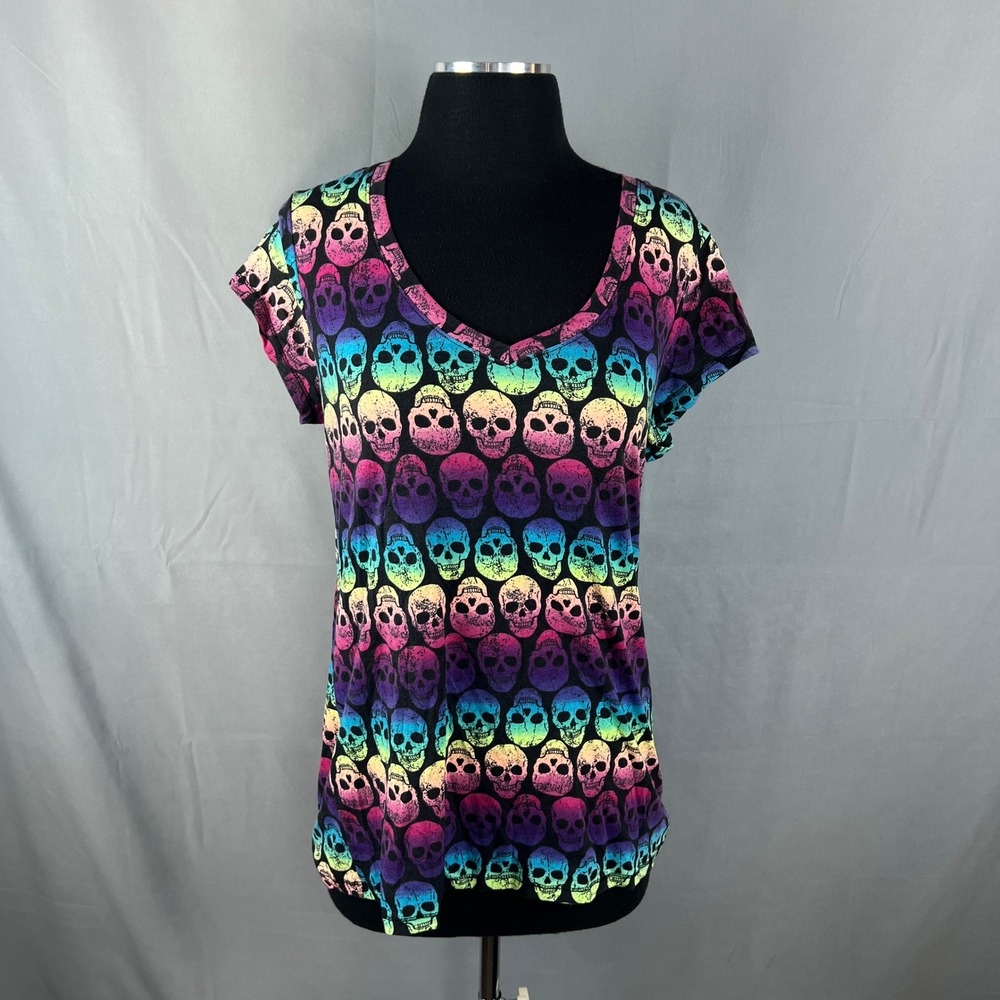 No Boundaries T Shirt Womens XL Multicolor All Over Rainbow Skull Cotton Stretch
